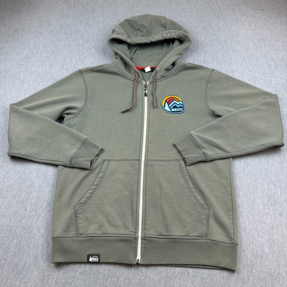 REI Co-Op Sweater Jacket Mens Medium Green Front Zip Hoodie Patch Zip Up Cotton
